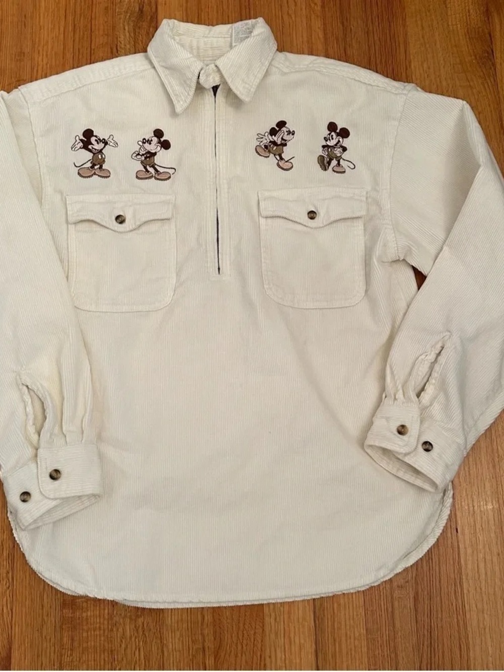Kids Cream Corduroy Button-Down Shirt with Mickey Mouse Embroidery